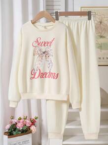 Conjunto de sudadera de manga larga con estampado de letras y lazos y pantalones de puño acanalado para niña pequeña y preadolescente, ropa de dormir, moda de regreso a la escuela