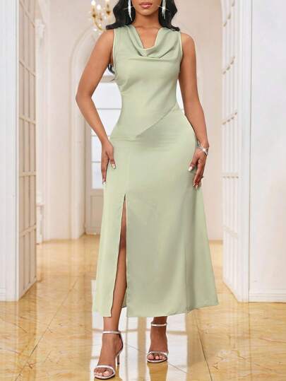SHEIN Lady 摆领无袖不对称下摆中长连衣裙浅绿色缎面面料生日和活动礼服/办公室礼服/教堂礼服/婚礼礼服/节日礼服商务休闲女士婚礼宾客礼服女士女士礼服夏季热带女士礼服毕业礼服/优雅礼服优雅