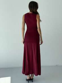 Aloruh 婚礼宾客礼服女式优雅简约时尚通勤无袖 V 领针织背心和高腰荷叶边下摆 A 字型中长连衣裙套装，秋冬季端庄 - 咖啡棕 - 查看 3