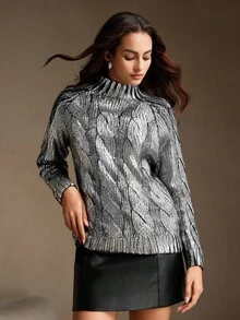 Anewsta 女士时尚高领插肩袖银箔毛衣，秋冬 - 銀色 - 查看 5