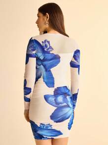 CAJUNI 女式波西米亚风热带花卉印花蓝色迷你连衣裙，休闲度假夏装