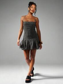 MISSGUIDED Flirty Floral Mini Dress Chiffon Empire Waist Cami Strap Summer Wedding Guest Fit And Flare Ruffle Hem - Black and White - View 4