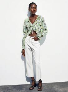 Maija Blusa de manga larga con estampado retro de tótem, con lazo delantero, ribete de volantes, top de estilo bohemio para mujeres - Multicolor - Ver 3