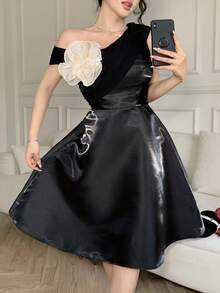 Feyla Women's Asymmetric Neckline Floral Decor Waist Cinched Short Dress - Black - View 3