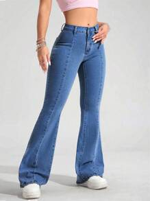 SHEIN PETITE Quần Jeans Ống Loe Skinny Thường Ngày Đa Năng Cho Nữ - Rửa trung bình - Xem 4