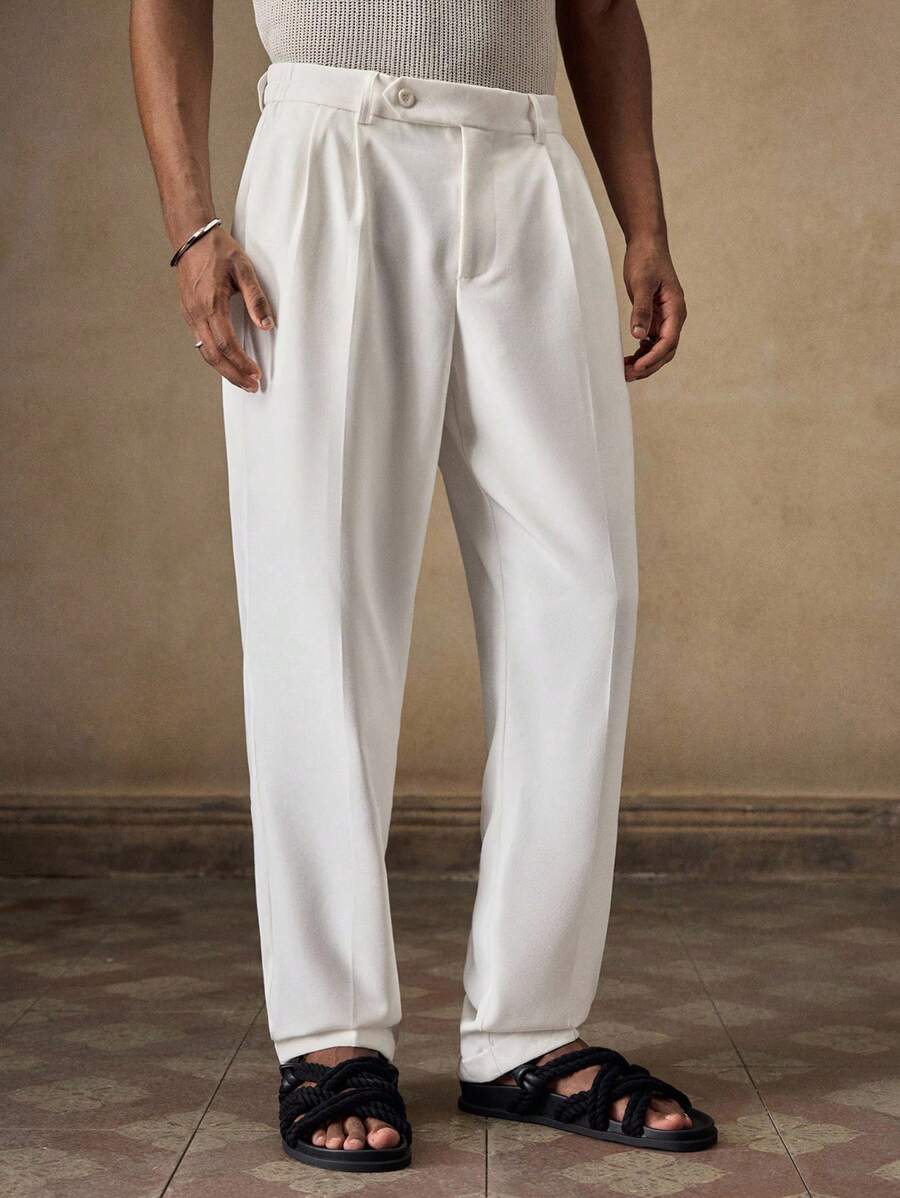 AKNOTIC Business Casual 男士白色梭织休闲修身纯色弹力腰直筒锥形裤,适合夏季、秋季、度假、日常穿着、派对、情侣装,男士礼物 - 白色 - 查看 1