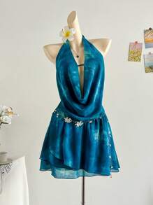 Soleia Vestido de fiesta corto con cuello drapeado profundo, volantes y bajo asimétrico en estilo tie dye, de talle bajo, para vacaciones