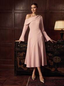 ZEYLAH Vestido de manga larga con cuello asimétrico elegante, para otoño/invierno