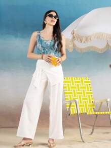 SHEIN X ELOISA & ORSON SHEIN MOD Pantalones con parche de gran lazo 3D y falda en color caqui, ropa de otoño, ropa, pantalones asimétricos