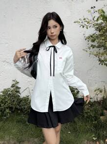 SHEIN Loose Casual Comfortable Butterfly Embroidered Collar Long Sleeve Shirt, Suitable For School Back To School Season, Teen Girls - White - View 5