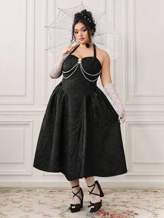 EDITION Plus Size Women Vintage Romantic Palace Jacquard Textured Fabric Pearl Chain Decor Ribbon Tie Waist Dress