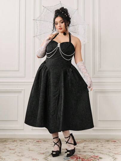 EDITION Plus Size Women Vintage Romantic Palace Jacquard Textured Fabric Pearl Chain Decor Ribbon Tie Waist Dress