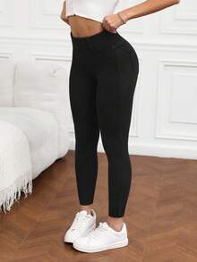 SHEIN PETITE Quần legging jean bó sát dệt kim dành cho nữ cỡ nhỏ - màu đen - Xem 5
