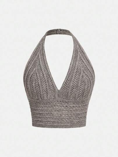 SHEIN Girlism Teen Girl Grey V-Neck Jacquard Knitted Sleeveless Top