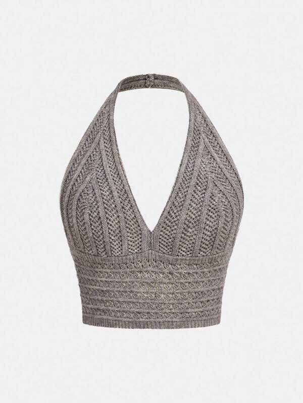 SHEIN Girlism Teen Girl Grey V-Neck Jacquard Knitted Sleeveless Top