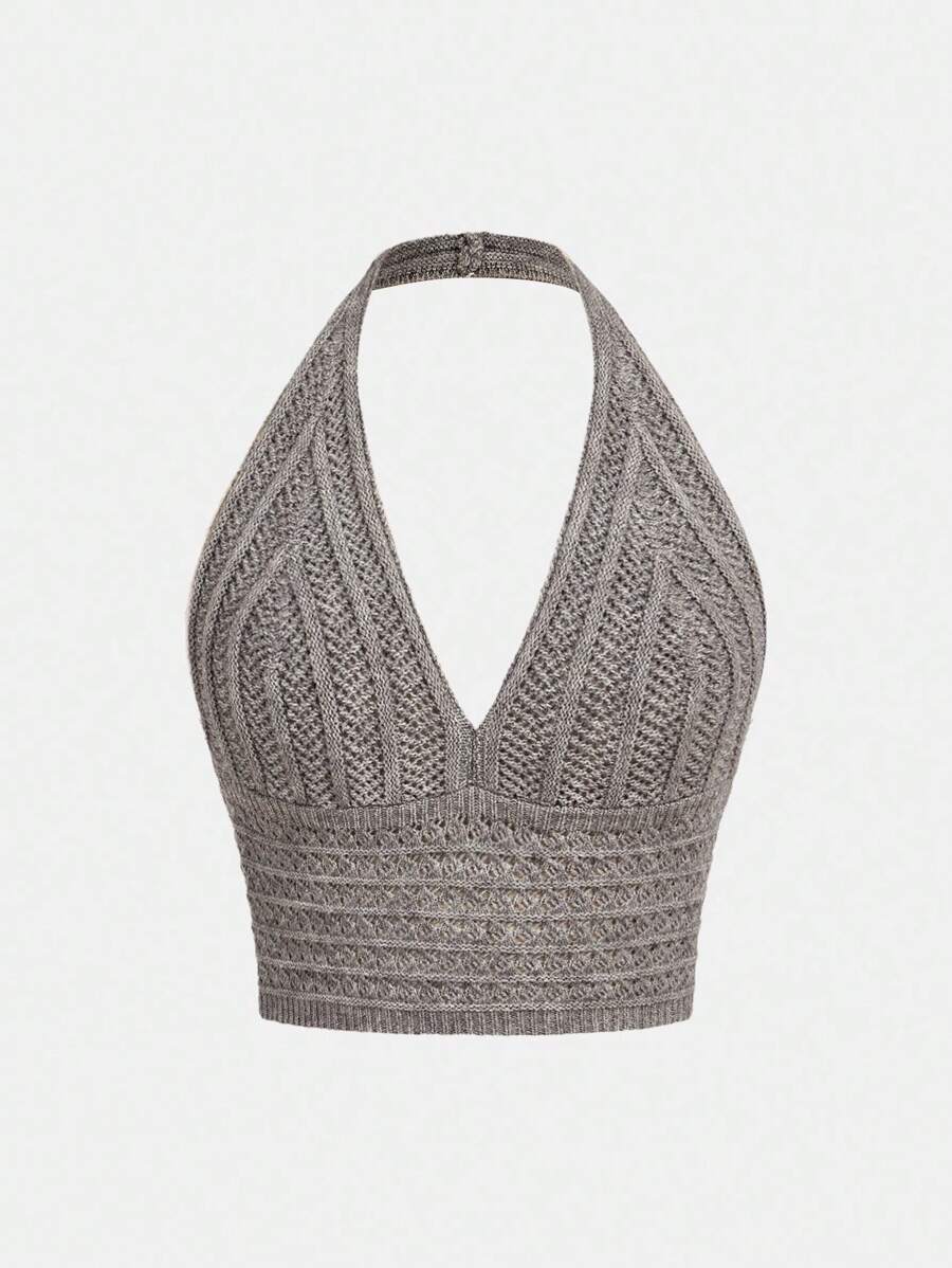 SHEIN Girlism Teen Girl Grey V-Neck Jacquard Knitted Sleeveless Top - Grey - View 1