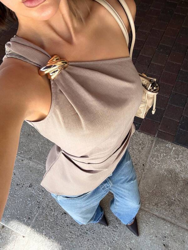 Siren Gaze Metallic Buckle Decor Asymmetric Neck Side Pleat Office Lady Sleeveless Blouse, Women Fall Top One Shoulder Top Light Brown Top Nude Top Women Top Office Outfits For Women