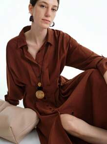 Aalyst Vintage French Long Sleeve Button-Up Pleated Back Elegant Slim Fit Shirt Dress For Women/African Dresses For Women/Linen Midi Dress/Bandage Dresses/Fall/Back To School/Winter,Thanksgiving/Modest Dresses For Women