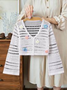 SHEIN Vintaside Kids Maglione A Maglia Per Ragazza Con Camicia A Fiori 3d, Decorato A Maglia Traforato - Bianco - Visualizzare 6