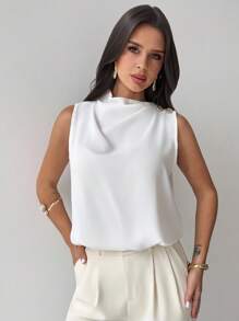 Firerie Bộ đồ liền thân rộng rãi không tay, cổ vai bất đối xứng, điểm nhấn kim loại, tối giản, thanh lịch, thời trang đi làm hàng ngày dành cho nữ, màu trắng, đa năng, trang phục công sở, trang phục sân bay, trang phục du lịch sân bay, trang phục đi chơi, toàn màu trắng - trắng - Xem 1