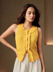 Anewsta 2件套女士套装 - 纯色喇叭袖纽扣开衫和无袖针织上衣 - 黃色 - 查看 2