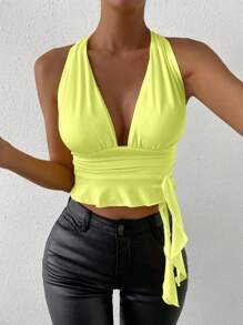 Zolique 蝴蝶黄色性感露背吊带褶饰上衣、狂欢节、基本款背心、外出背心、女士办公室上衣、返校、街头服饰、秋季、万圣节上衣