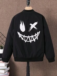 SHEIN Leap Crew Tween Boy Smiling Face Pattern Long Sleeve Casual Baseball Collar Windbreaker Jacket  Suitable For Kids Outfits Toddler Boy Clothes Back To School Boys Set Suitable For Birthday Parties, Evening Parties, Performances, Weddings, Baptisms, Opening Ceremonies Daily Suitable For Daily Use Suitable For School Suitable For Travel Suitable For Sports Suitable For Spring, Autumn And Winter Seasons Fall - Black - View 2