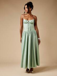 MISSGUIDED Elegant Corset Style Midaxi Dress Lace Up Front Spaghetti Strap Sage Green Summer Wedding Guest Party Prom Ball Gown With Full Circle Skirt Christmas