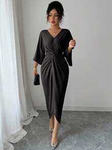 Elenzga 女士优雅针织V领扭纹设计蝙蝠袖中长连衣裙 - 黑色 - 查看 3