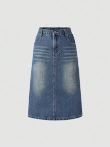 SHEIN Girls' Casual All-Match School Style Simple Washed Light Blue Denim Skirt Fall Winter