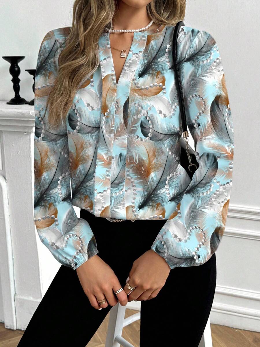 Shutterstock Glamance Women's Casual Feather Print Long Sleeve Shirt, Suitable For Spring And Autumn Feather Print Blouse Women Fashion Blouse Light Blue Blouse Elegant Blouse Fall Women Clothes - Teal Blue - View 1