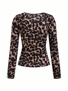 SHEIN Ellevyn 女式优雅豹纹修身打底 T 恤，蕾丝拼接透视性感闪亮水钻重饰 T 恤，秋季 - 咖啡棕 - 查看 2