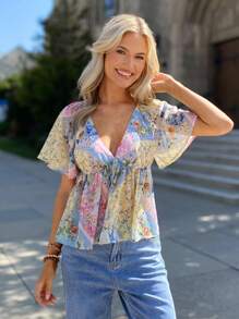 SHEIN LUNE 7 月 4 日蕾丝上衣女式花卉印花系带休闲短袖衬衫，度假风格