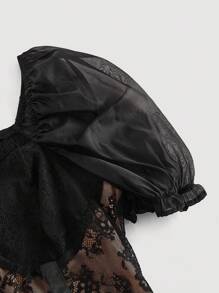 SHEIN MOD Blusa romántica de talla grande con mangas abullonadas, decoración de botones de metal, diseño ceñido a la cintura, negro, adecuado para fiesta, cita, elegancia vintage - Negro - Ver 5