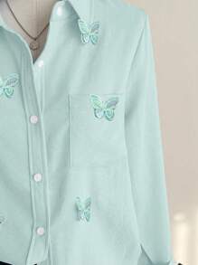 Franclia 3D刺绣蝴蝶长袖衬衫，春季韩版宽松休闲校园时尚上衣，适合大学女生春季秋季服装