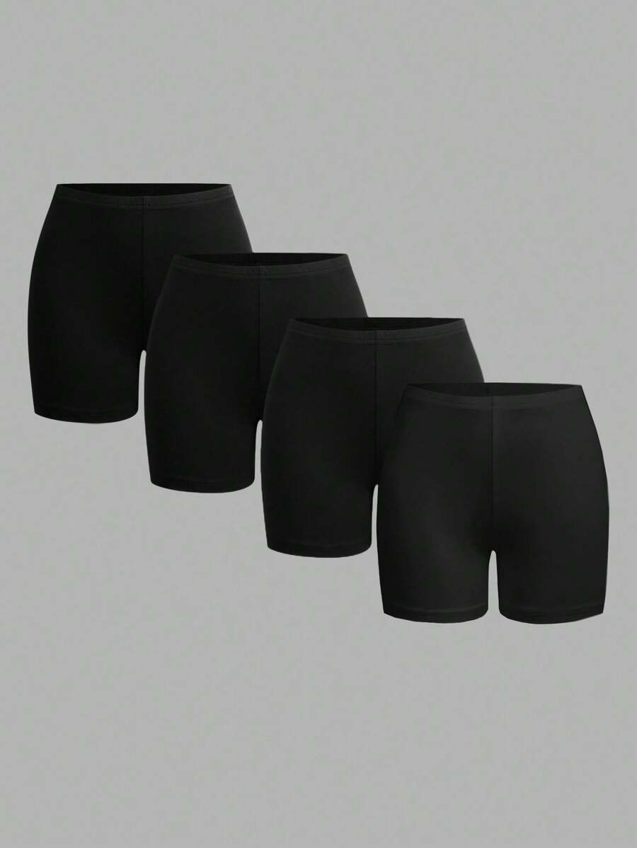 SHEIN EZwear 4 件套女士黑色紧身休闲七分打底裤套装，适合夏季 - 黑色 - 查看 1