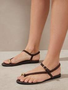 SHUZIA Women Comfortable Round-Toe Flat Sandal With Thin-Strap And Toe Ring For Daily Wear & Vacation - Chocolate Brown - View 3