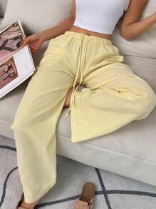 SHEIN Tall 蓝白条纹褶皱面料低腰抽绳系腰直筒口袋阔腿宽松裤，休闲度假海滩家居日常搭配百搭高个子女性，夏季 - 黃色 - 查看 6