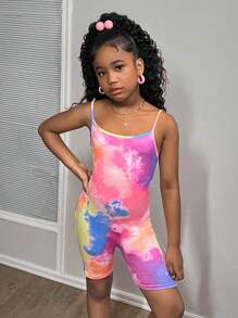 SHEIN Tween Girls' Fashionable Tie Dye Print Knit Camisole Jumpsuit Romper - Hot Pink - View 3