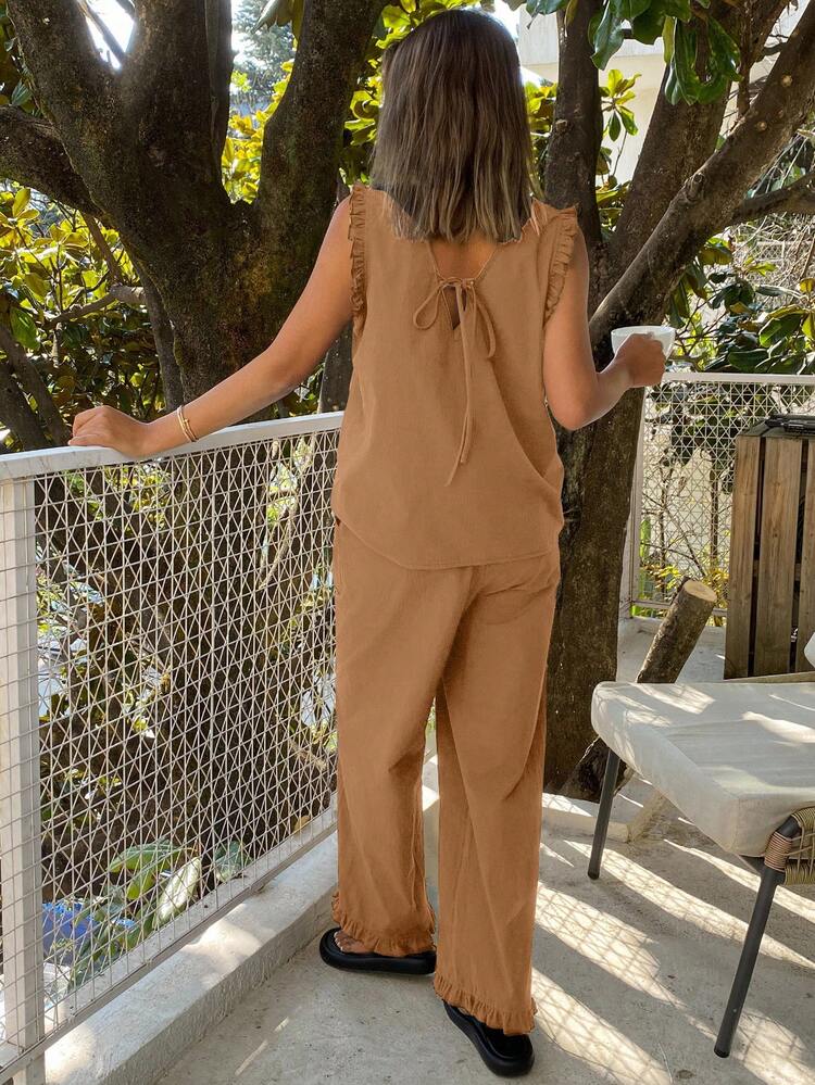 2pcs Solid Color Sleeveless Homewear Set For Women, Outfits Pajama