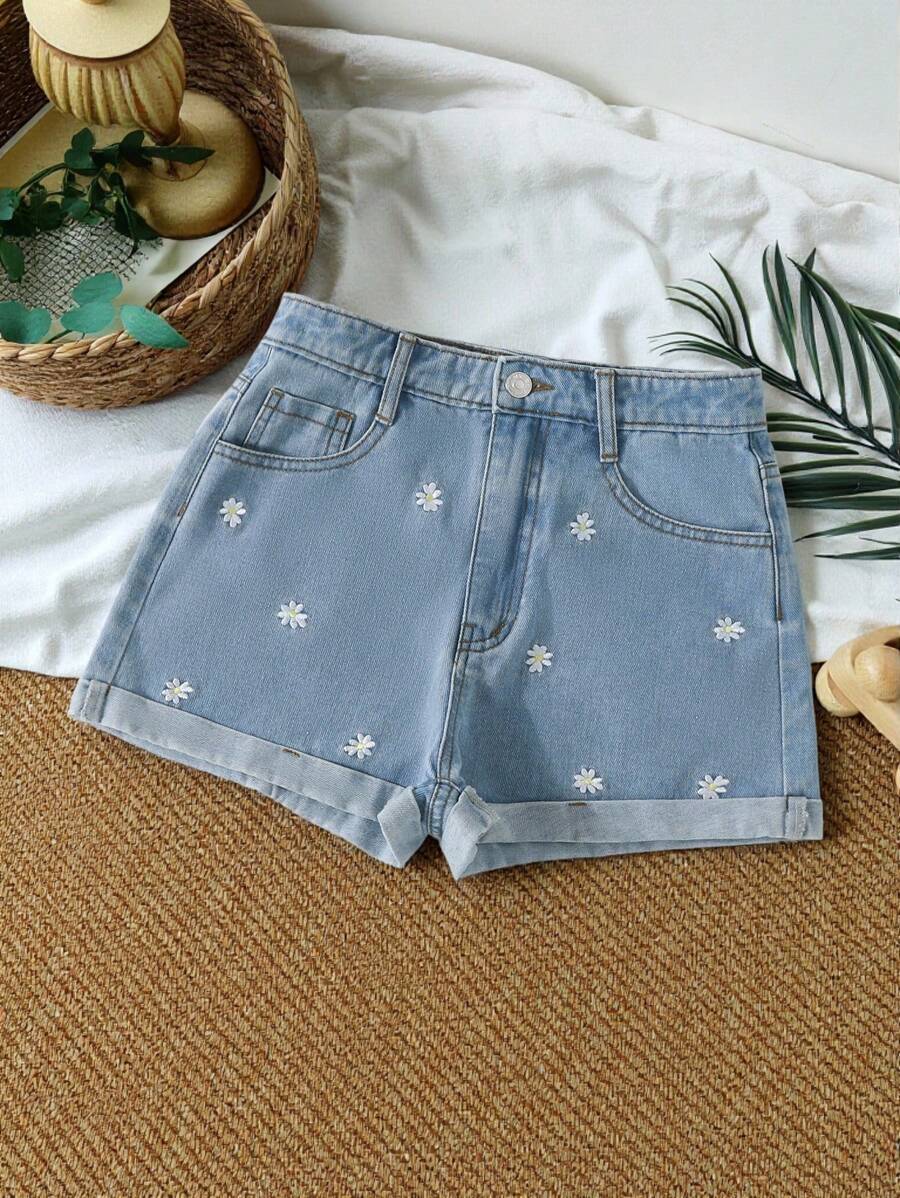 SHEIN Teen Girl Floral Embroidery Roll Up Hem Denim Shorts - Light Wash - View 1