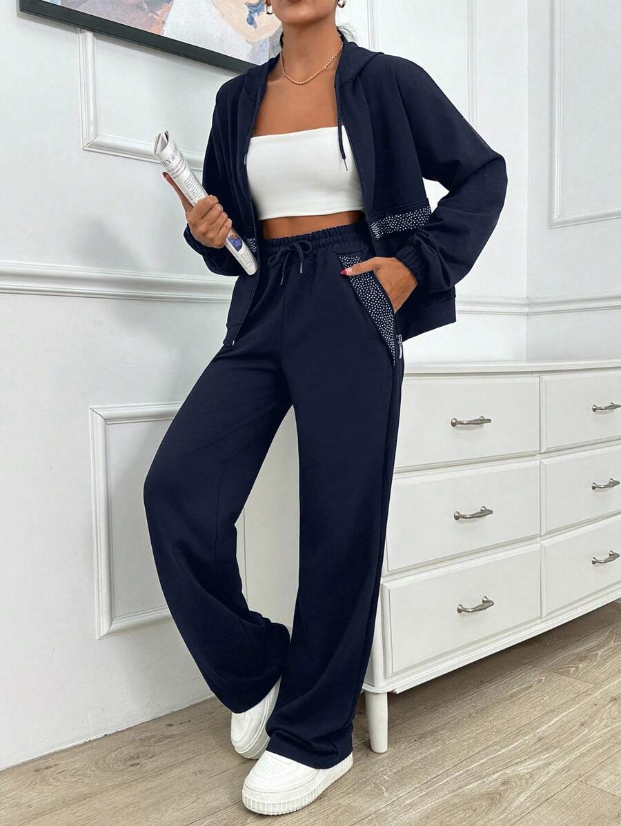 EURMUSE TWO PIECES TWO THREAD HOODIE SWEATHIRT AND SWEATPAT WITH SPARKLE STONE DETAIL - Navy Blue - View 1