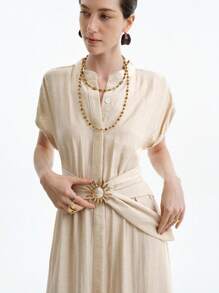 Aalyst 女士亚麻杏仁色金属扣腰短袖衬衫裙，简约长裙 - 杏色 - 查看 3