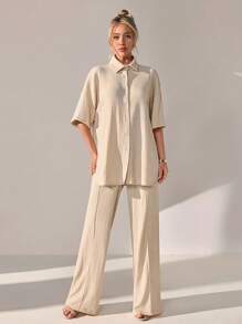 CLARA VERO Conjunto de 2 piezas de mujer de unicolor tejido, con blusa/camisa abotonada y pantalón de pierna ancha con cintura elástica, conjunto casual para fines de semana y salidas