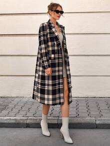 CLARA VERO Woman Check All Over Printed Front Button Up Pockets Long Sleeve Overcoat Lady Autumn Winter Chic Elegant Coat - Multicolor - View 6