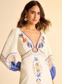 CAJUNI 女式波西米亚风热带植物与花卉印花蓝黄假日休闲镂空后背长袖长裙 - 彩色 - 查看 2