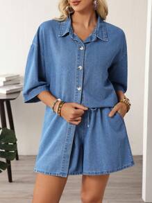 EMERY ROSE Women Casual Drop Shoulder Loose Denim Shirt And Drawstring Waist Denim Shorts Sets, Summer - Blue - View 7