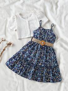 SHEIN Vintaside Kids 2pcs/Set Young Girl Summer Vacation Casual Solid Color Puff Sleeve Top And Ditsy Floral Strap Dress
