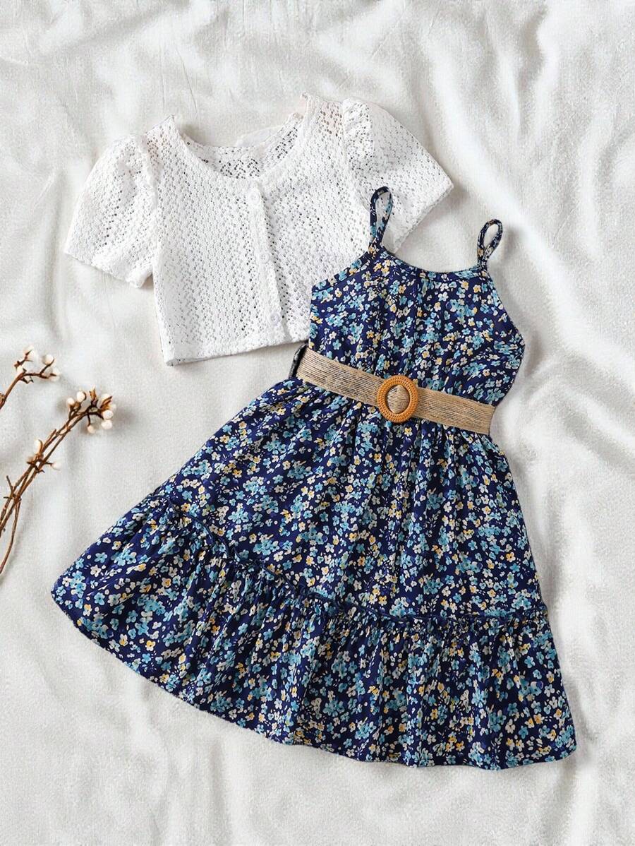 SHEIN Vintaside Kids 2pcs/Set Young Girl Summer Vacation Casual Solid Color Puff Sleeve Top And Ditsy Floral Strap Dress