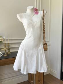 Comfortcana 女式白色梭织无袖蕾丝边夏季吊带裙 - 白色 - 查看 2